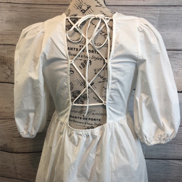 WAYF Dress Lace-Up Back Puff Sleeves Babydoll Mini White Cotton Size Small - Picture 8 of 12